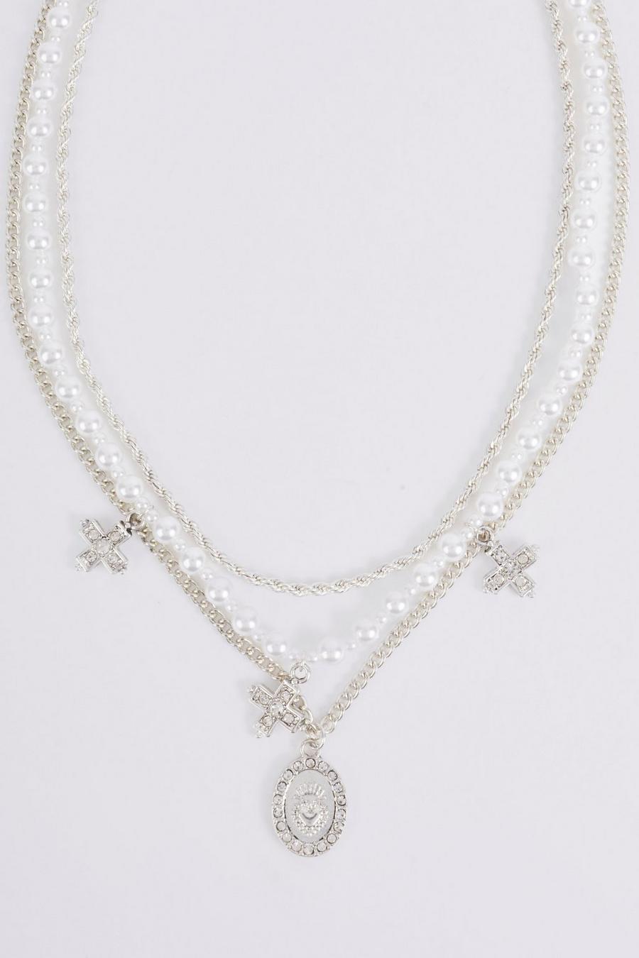 Silver Pearl Cross Detail Layered Necklace image number 1
