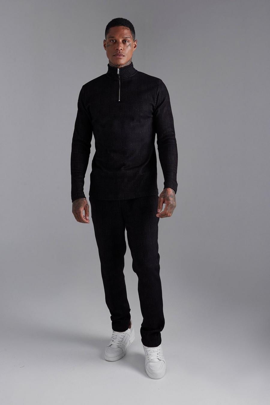 Jacquard Sweatshirt-Trainingsanzug mit Trichterkragen, Black image number 1
