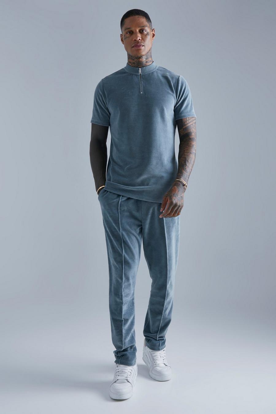 Slate blue Slim Fit Velour Funnel Neck Polo And Jogger Set