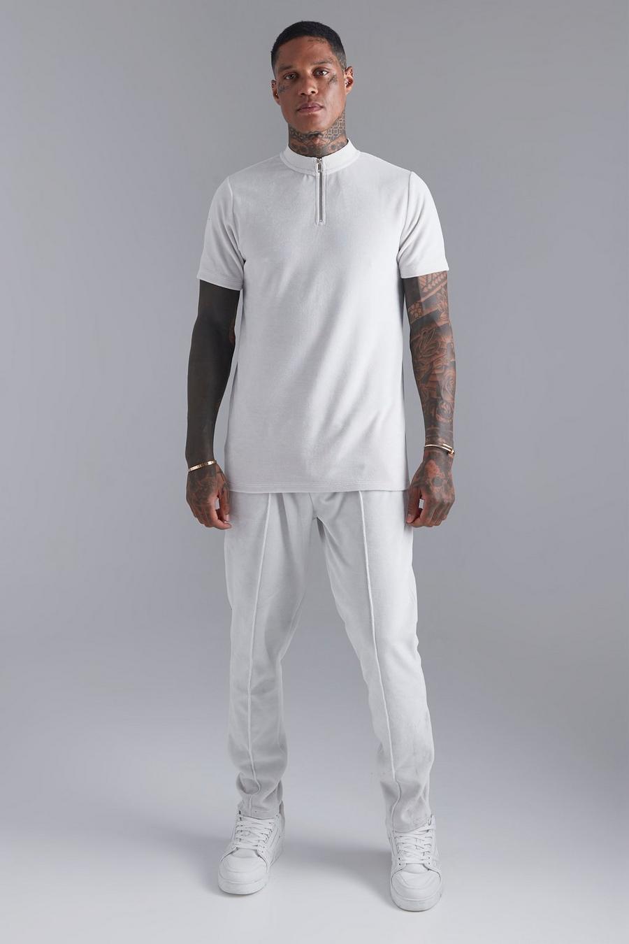 Slim-Fit Velour-Poloshirt mit Trichterkragen und Jogginghose, Light grey image number 1