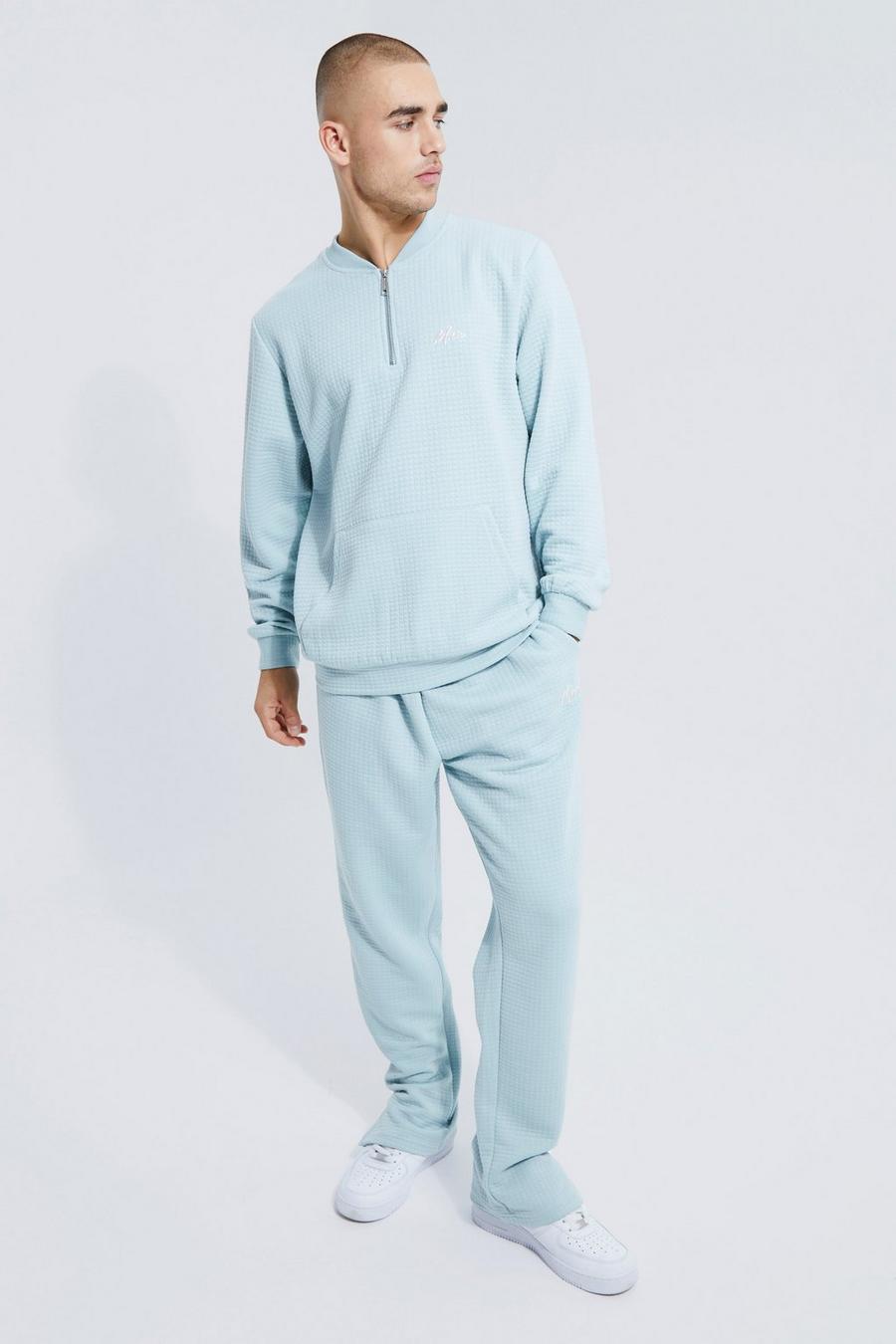 Dusty blue blå Man Heavyweight Waffle Bomber Neck Tracksuit image number 1