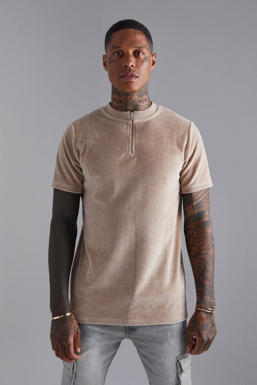 Taupe Slim Fit Velour Funnel Neck Polo  image number 1