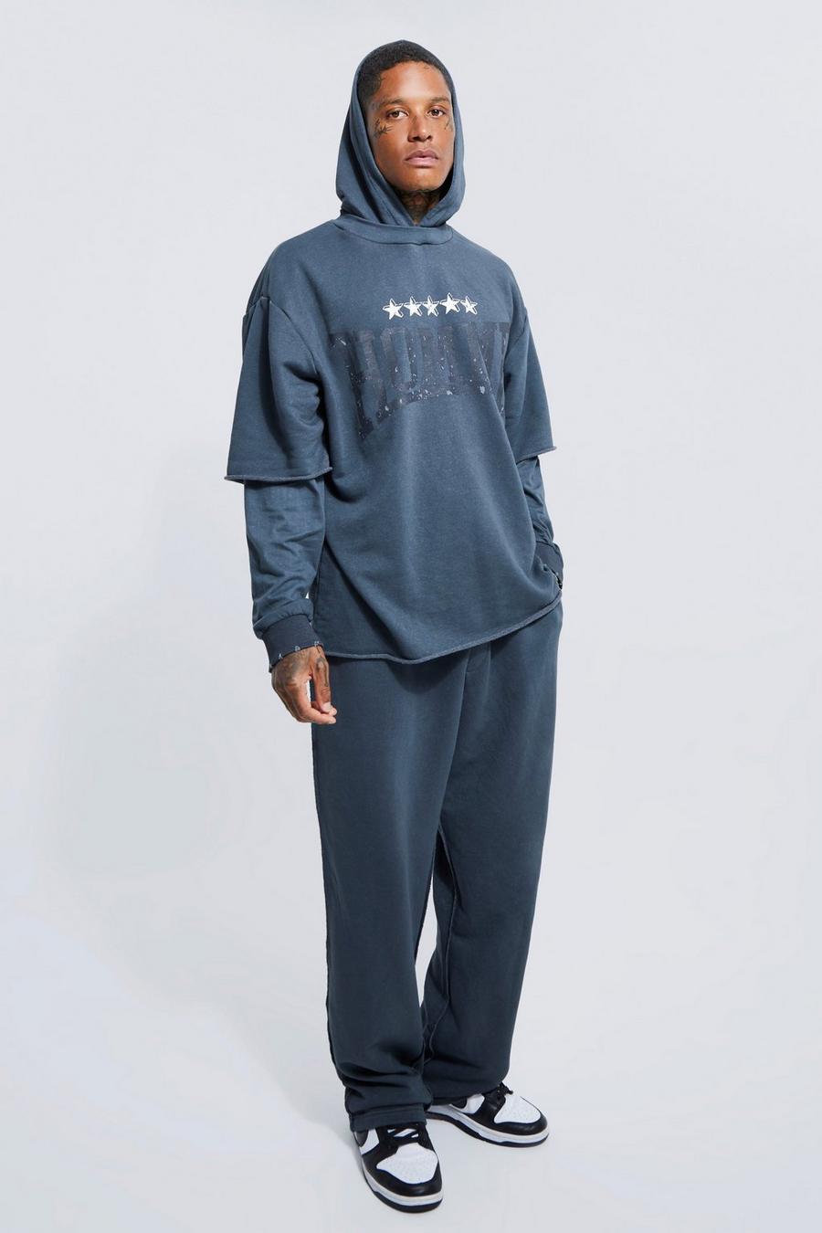 Slate blue Oversized Graphic Faux Layer Hooded Tracksuit image number 1