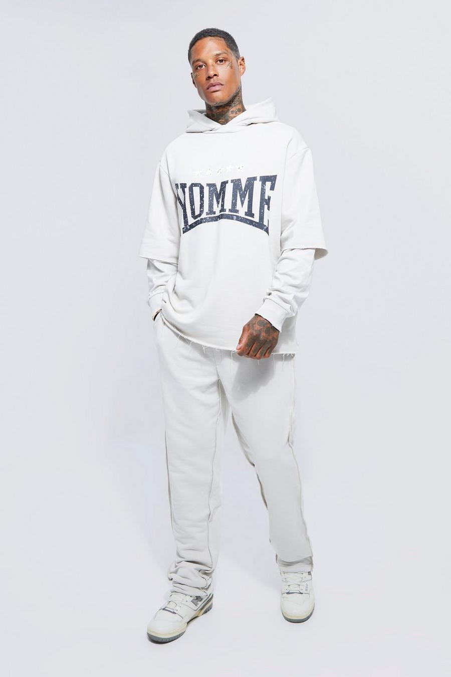 Light grey Oversized Graphic Faux Layer Hooded Tracksuit image number 1