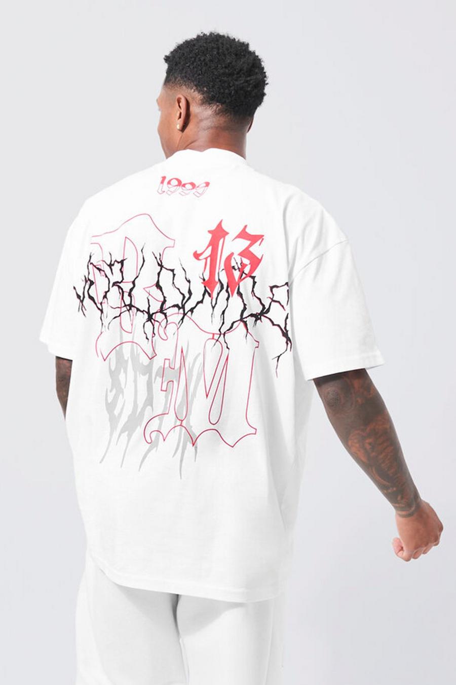 Camiseta oversize con grafiti y cuello extendido, White