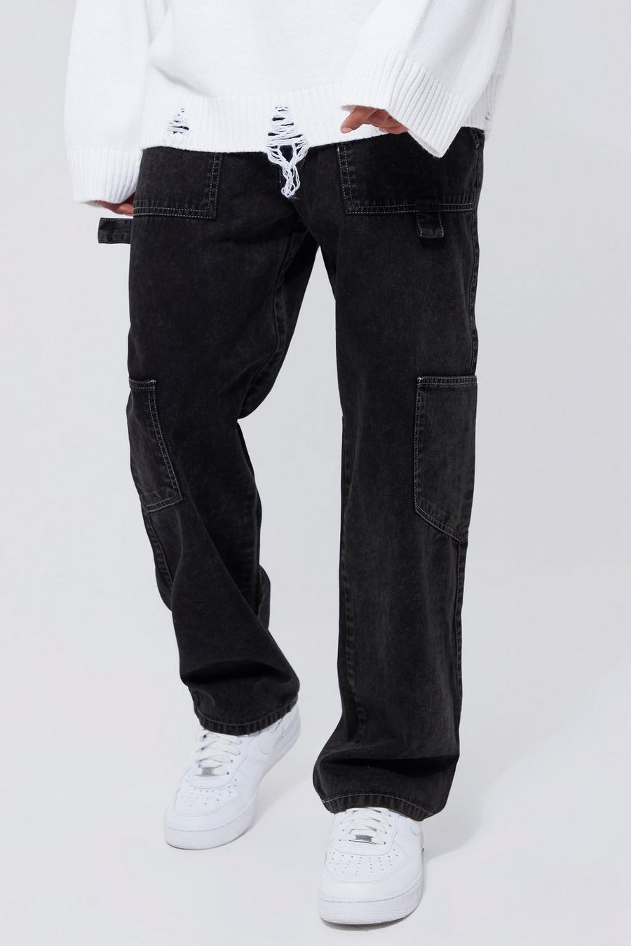 Black Fixed Waist Relaxed Washed Carpenter Cargo image number 1