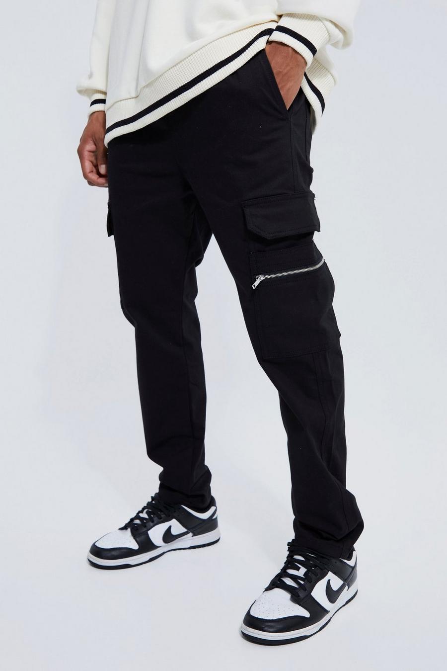 Pantaloni Cargo Slim Fit stile Utility, Black negro