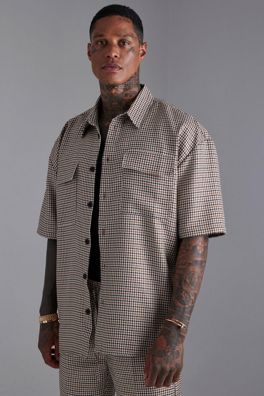 Brown Short Sleeve Boxy Oversized Dogstooth Shirt image number 1