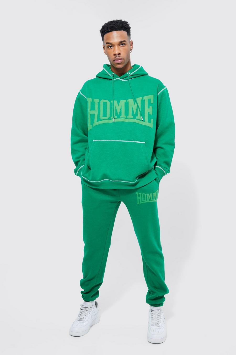 Green Oversized Homme Contrast Stitch Hooded Tracksuit image number 1