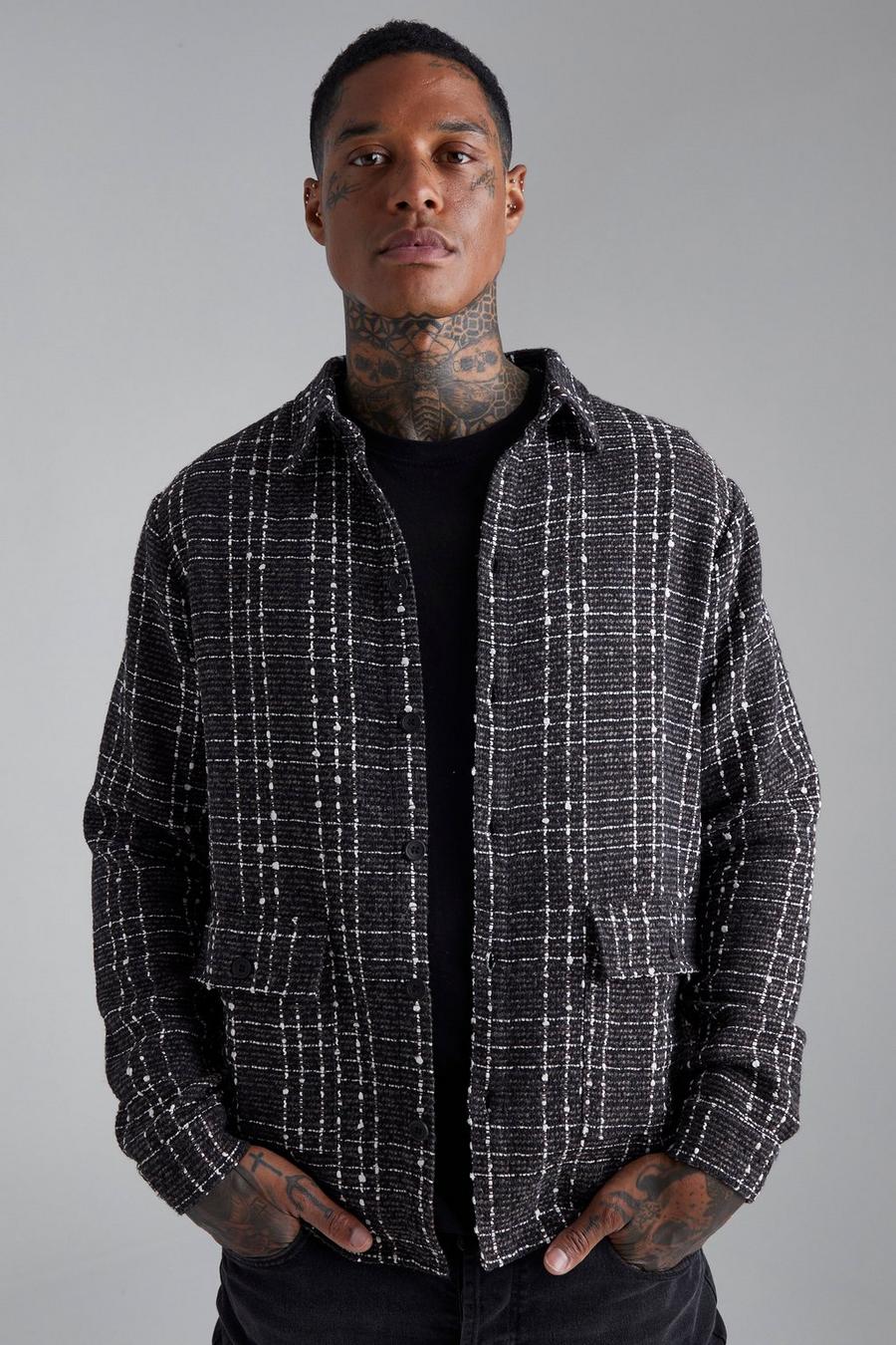 Black Check Boucle Overshirt With Pocket Detail image number 1