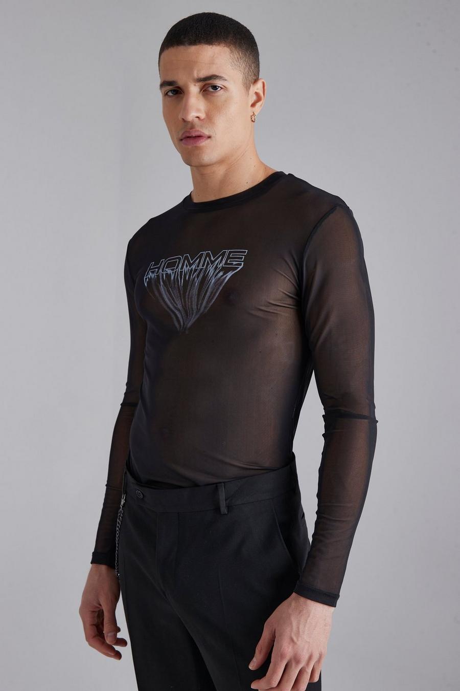 Black Mesh Muscle Fit T-Shirt Met Print En Lange Mouwen image number 1