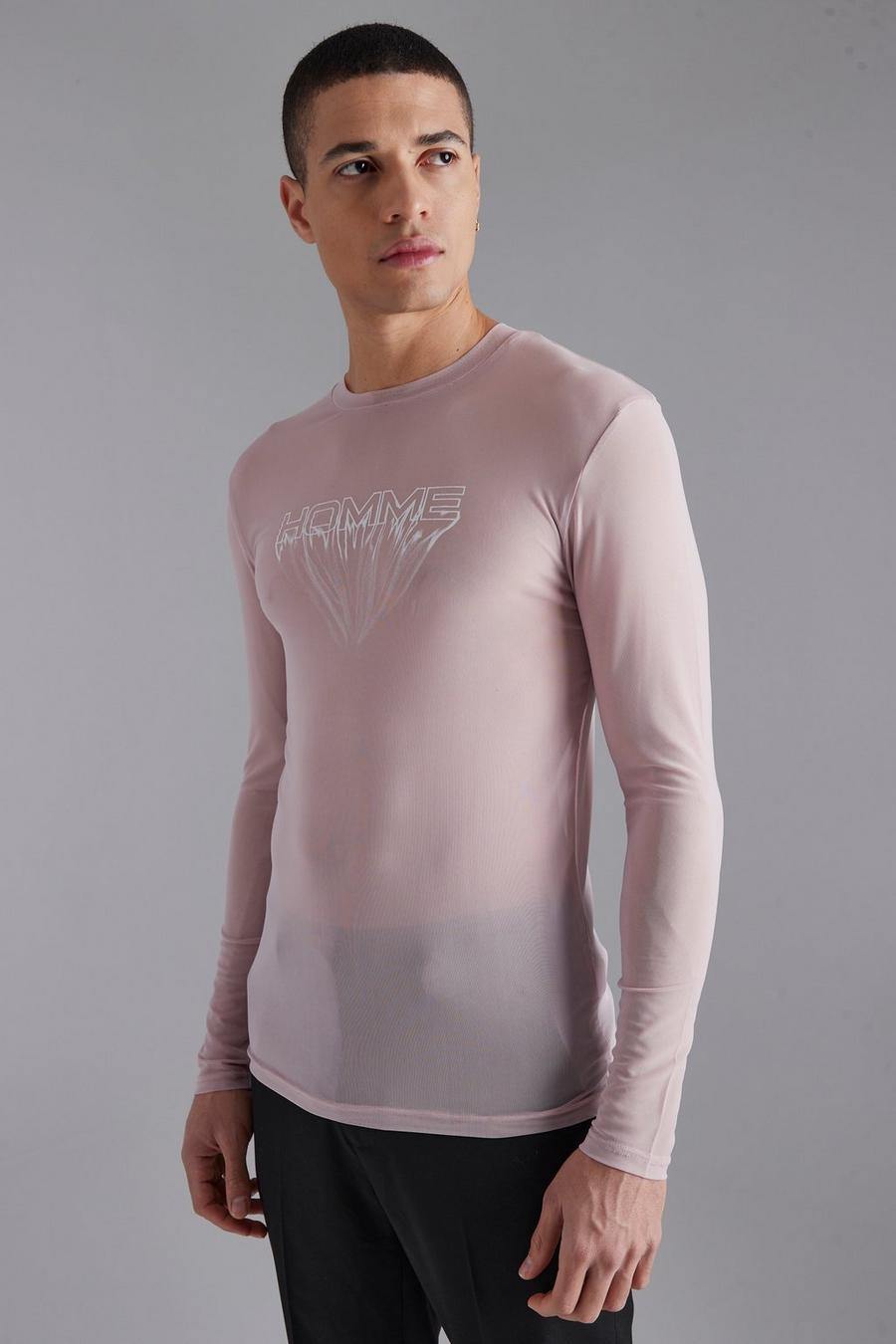Lilac Mesh Muscle Fit T-Shirt Met Print En Lange Mouwen image number 1