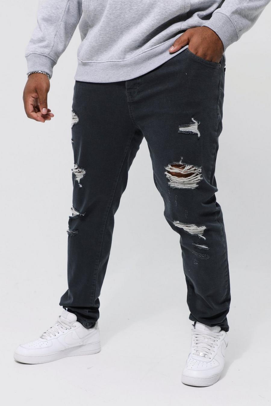 אפור כהה סקיני ג'ינס מבד נמתח עם קרעים לכל האורך למידות גדולות image number 1