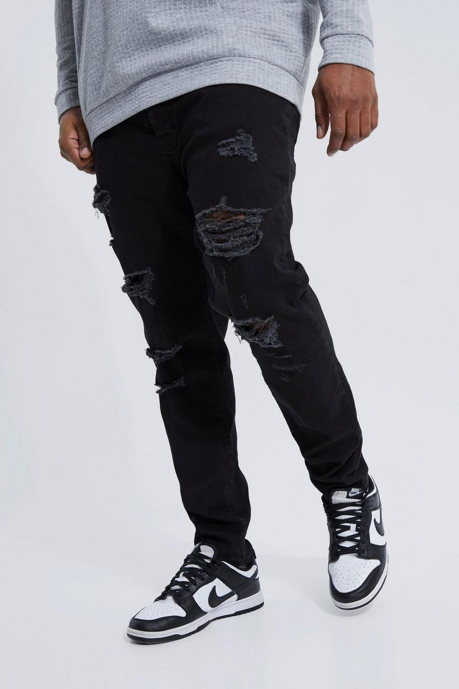 שחור אמיתי סקיני ג'ינס מבד נמתח עם קרעים לכל האורך למידות גדולות  