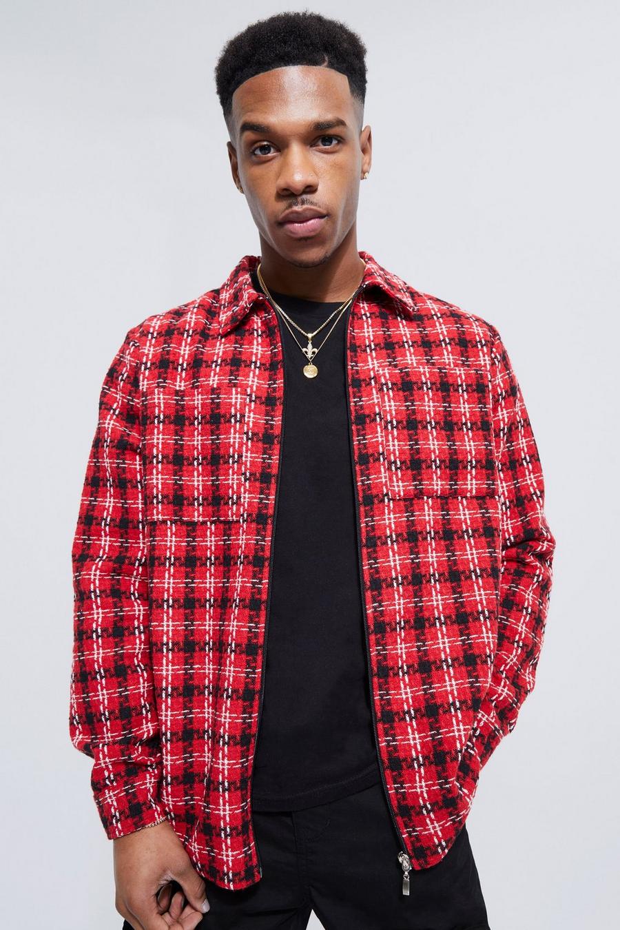 Red Boucle Check Zip Overshirt image number 1