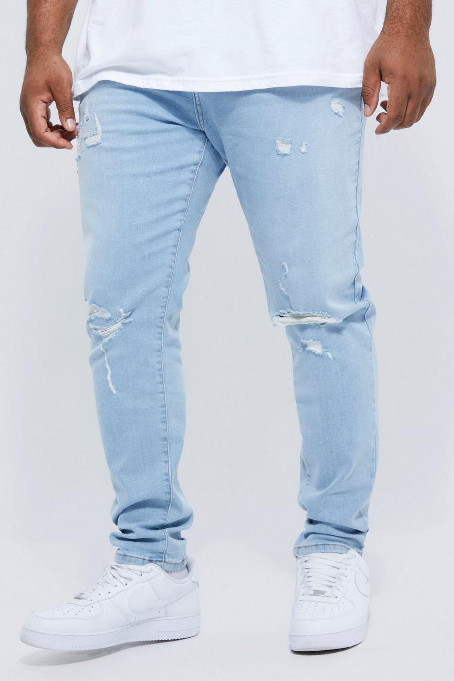 כחול קרח סקיני ג'ינס נמתח עם קרעים בברך, מידות גדולות