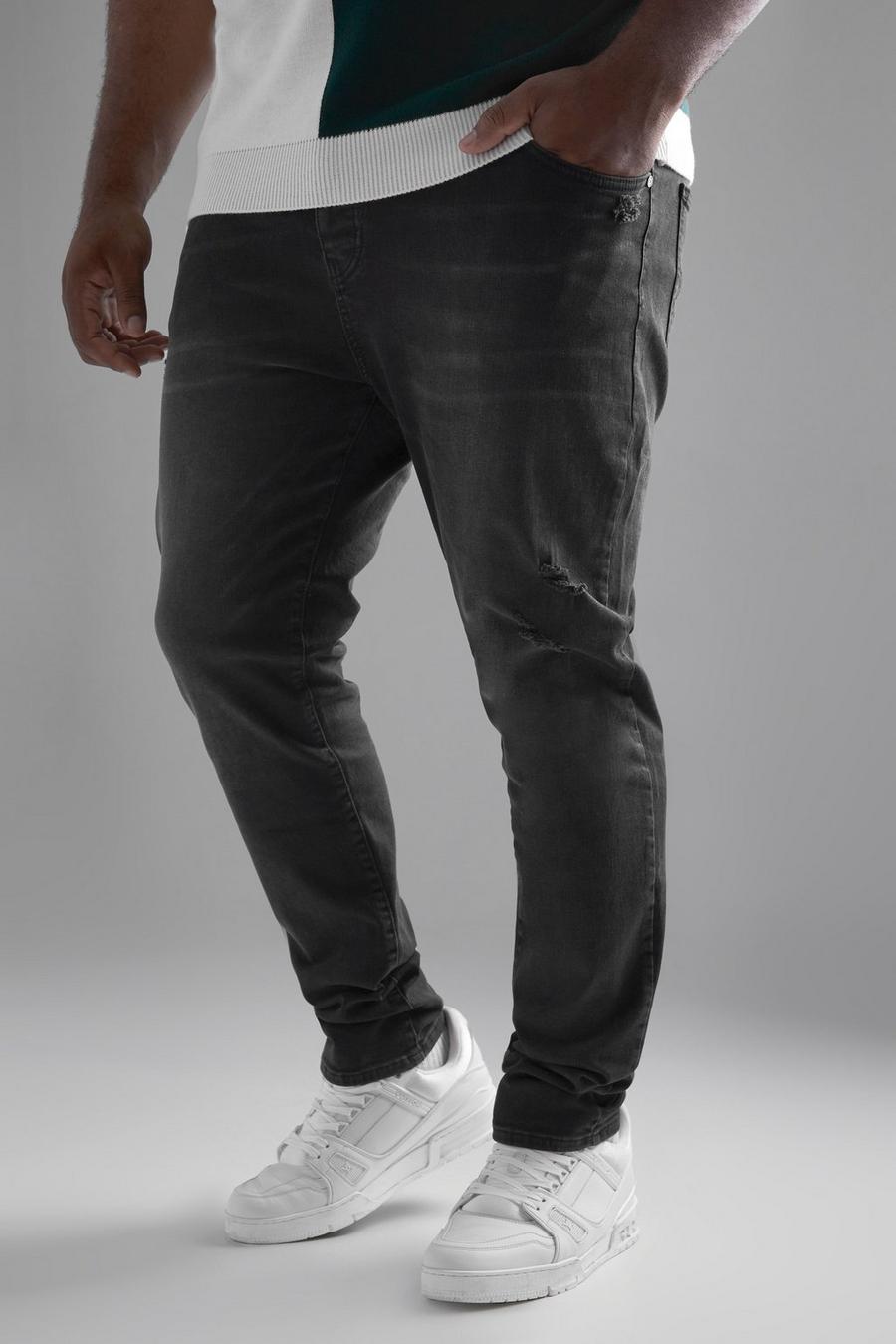 שחור דהוי סקיני ג'ינס נמתח עם קרעים בברך, מידות גדולות   image number 1