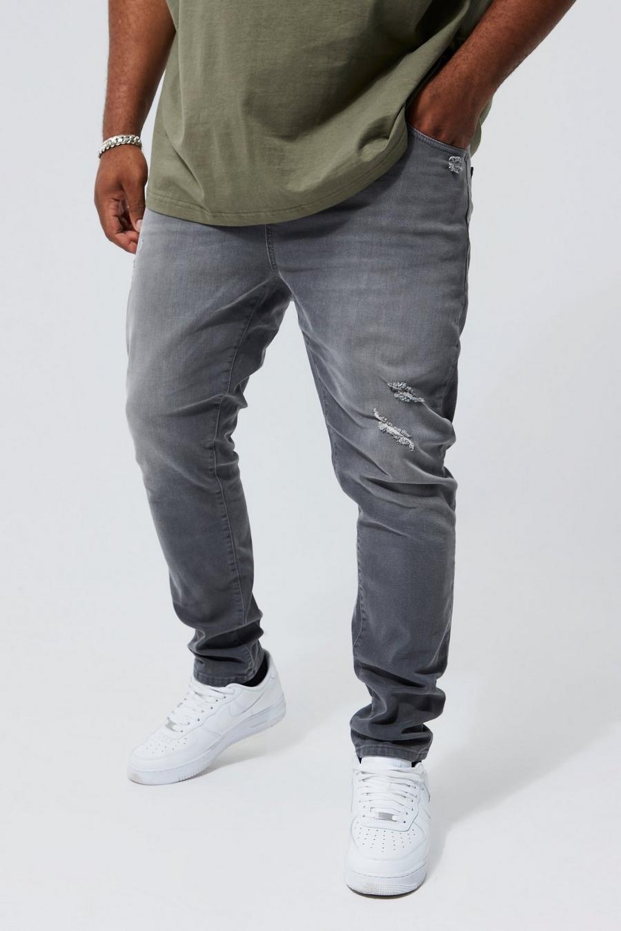 אפור ביניים grigio סקיני ג'ינס נמתח עם קרעים בברך, מידות גדולות    