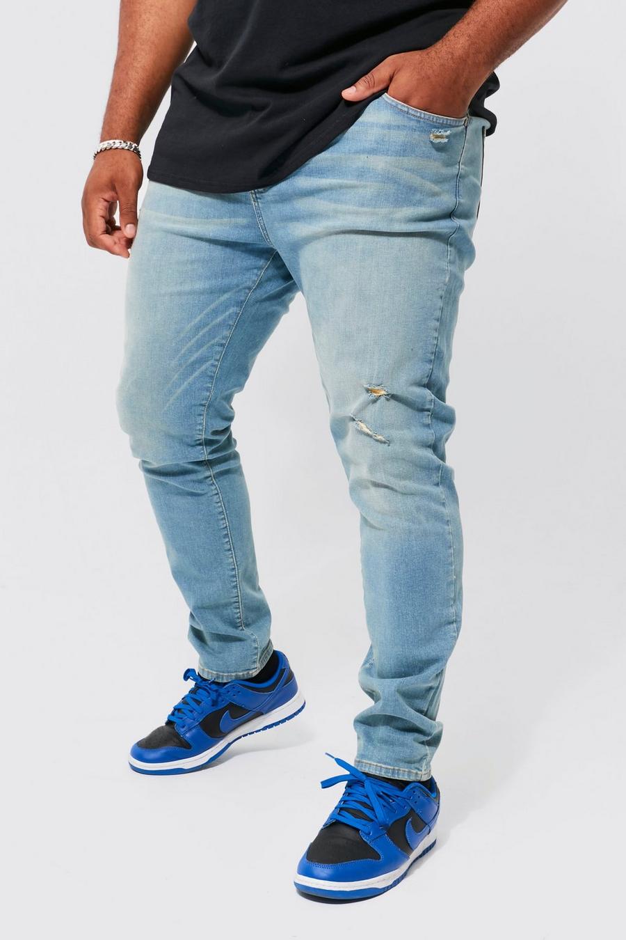 Jeans Plus Size Skinny Fit Stretch con strappi sul ginocchio, Antique wash azul