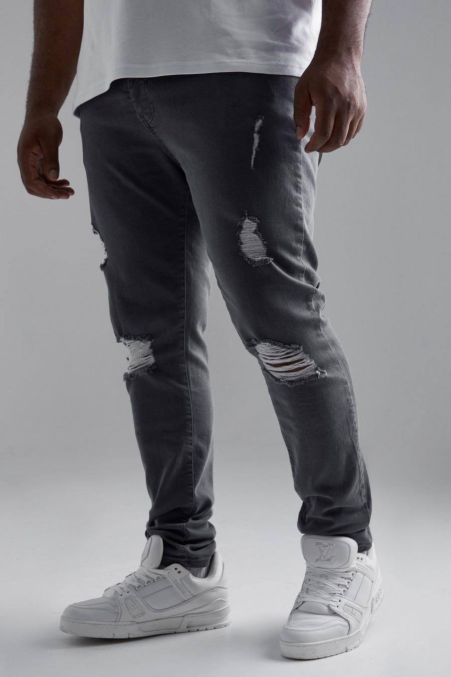 Mid grey gris Plus Skinny Stretch Exploded Knee Ripped Jeans 