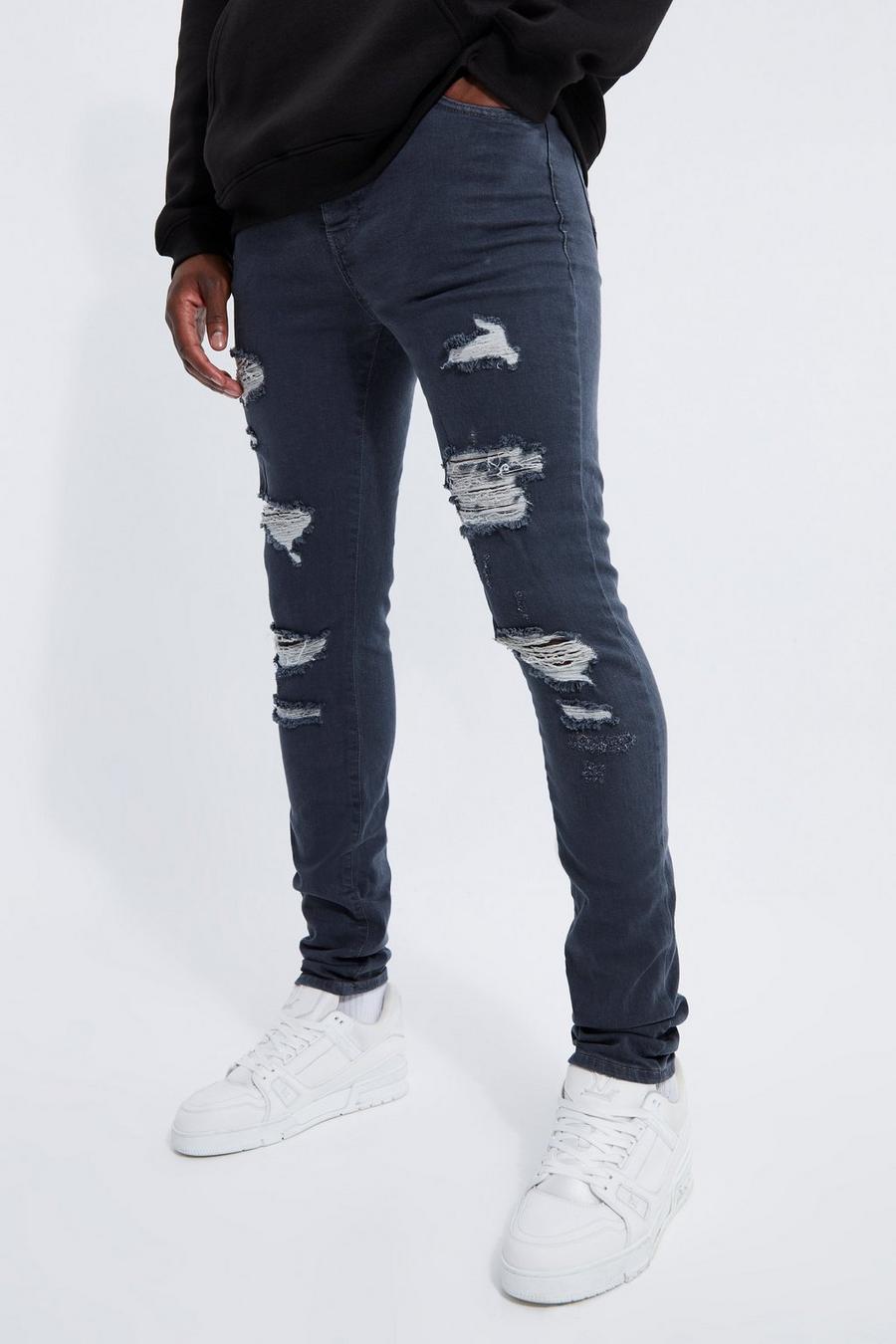 Dark grey Tall Skinny Stretch All Over Rip Jeans image number 1