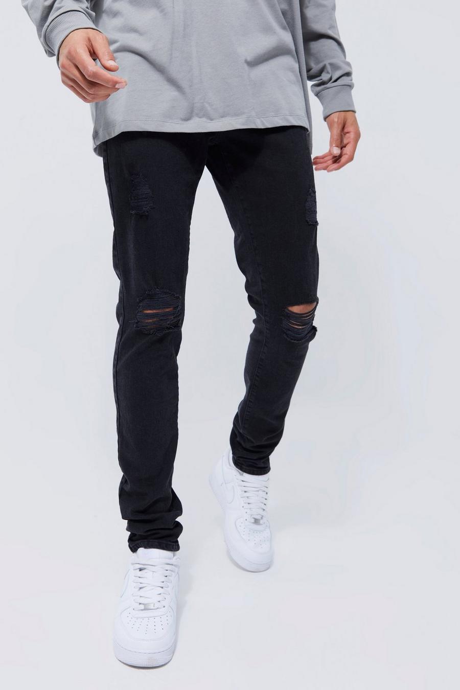 Washed black Tall Skinny Stretch Exploaded Knee Ripped Jeans image number 1