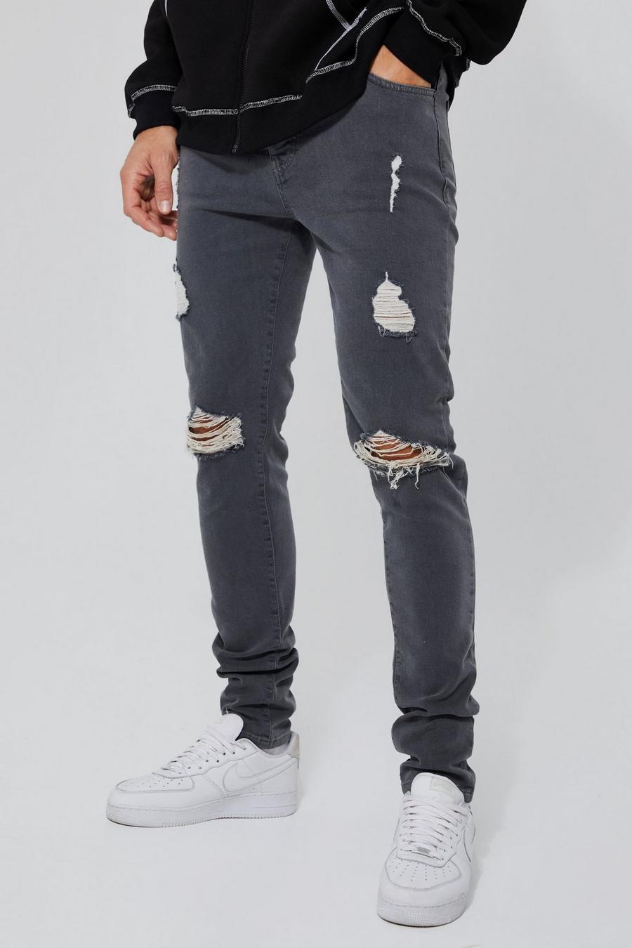 Mid grey Tall Skinny Stretch Exploded Knee Ripped Jeans  image number 1