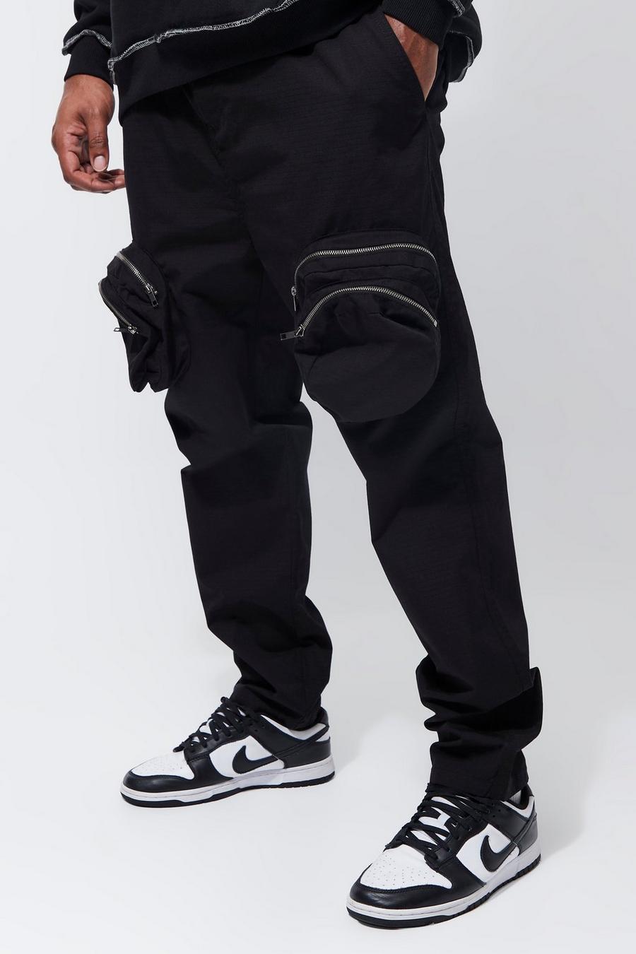 Pantalón Plus cargo ajustado elegante con cremallera 3D, Black nero