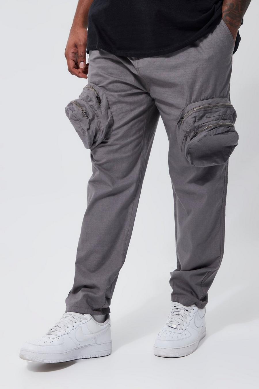 Grey Plus Slim Fit Smart 3d Zip Cargo Trouser  image number 1