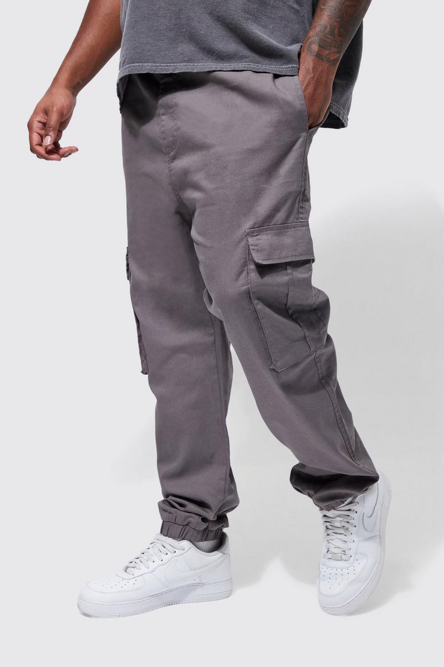 Plus Slim-Fit Twill Cargohose mit elastischem Bund, Grey image number 1