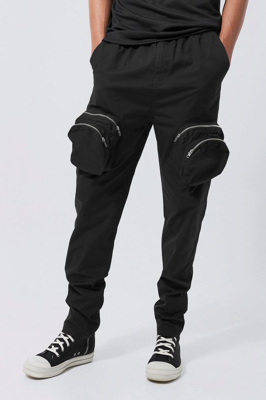 Pantalón Tall cargo ajustado elegante con cremallera 3D, Black nero