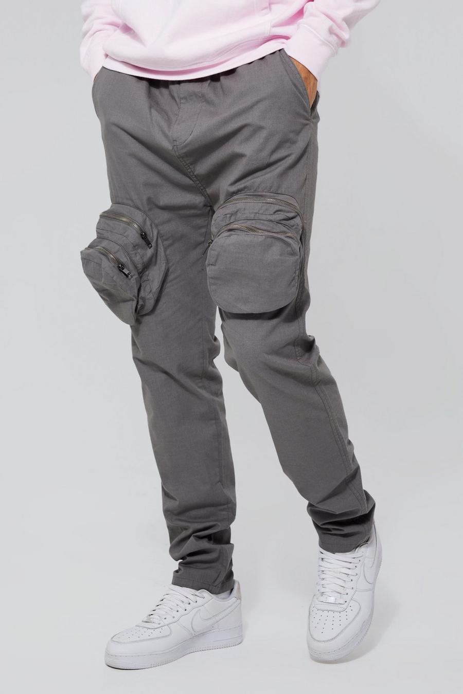 Grey gris Tall Slim Fit Smart 3d Zip Cargo Trouser 