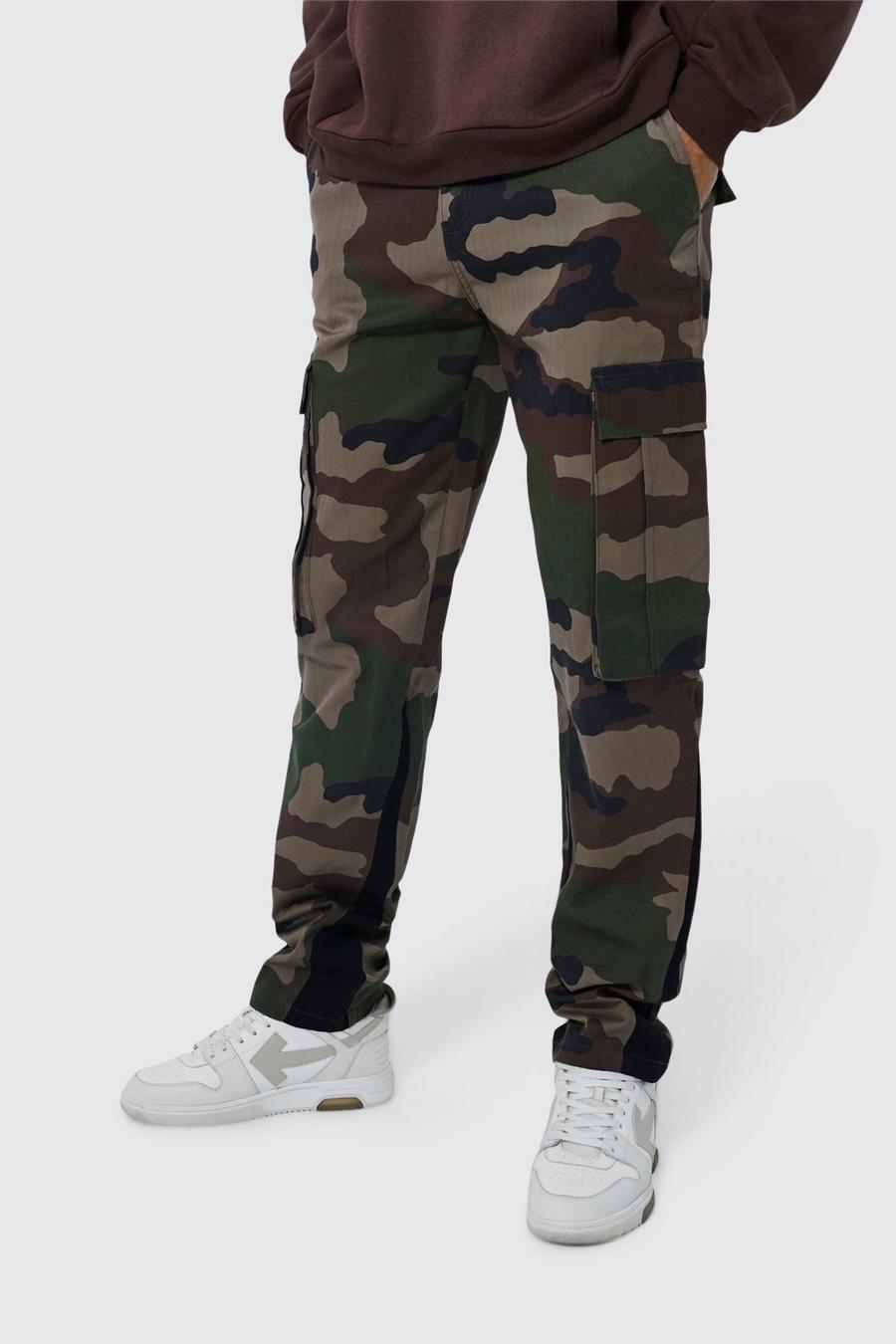 Khaki Tall Straight Camo Contrast Gusset Cargo Trouser image number 1