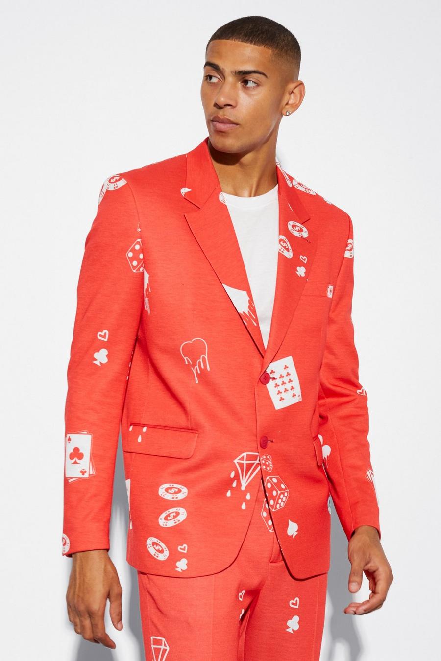 אדום ז'קט חליפה אוברסייז בגזרת בוקסי עם הדפס קלפים image number 1