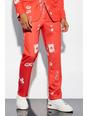 Red Straight Leg Card Print Suit Trousers