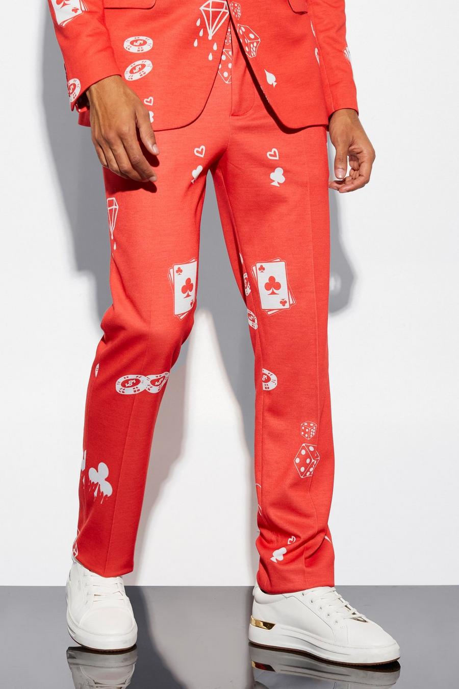 Red röd Straight Leg Card Print Suit Trousers image number 1