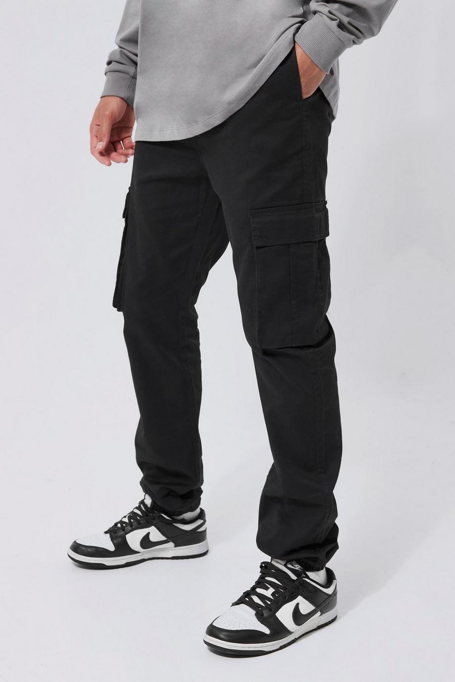 Black Tall Slim fit cargobyxor med elastiskt midjeband och muddar image number 1