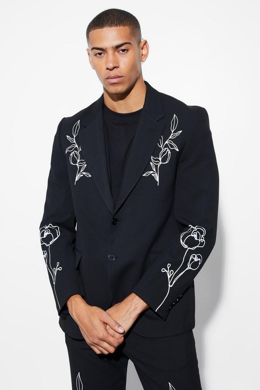 Black Relaxed Fit Floral Suit Jacket image number 1