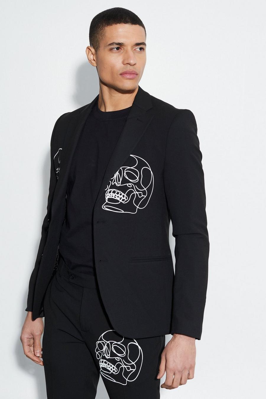 Black Skinny Single Breasted Skull Print Suit Jacket image number 1