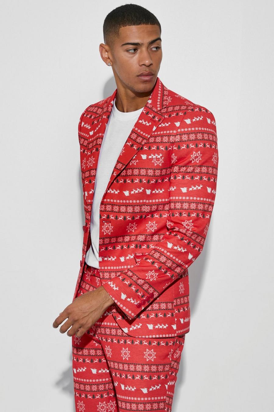 Red Skinny Fit Christmas Print Suit Jacket image number 1
