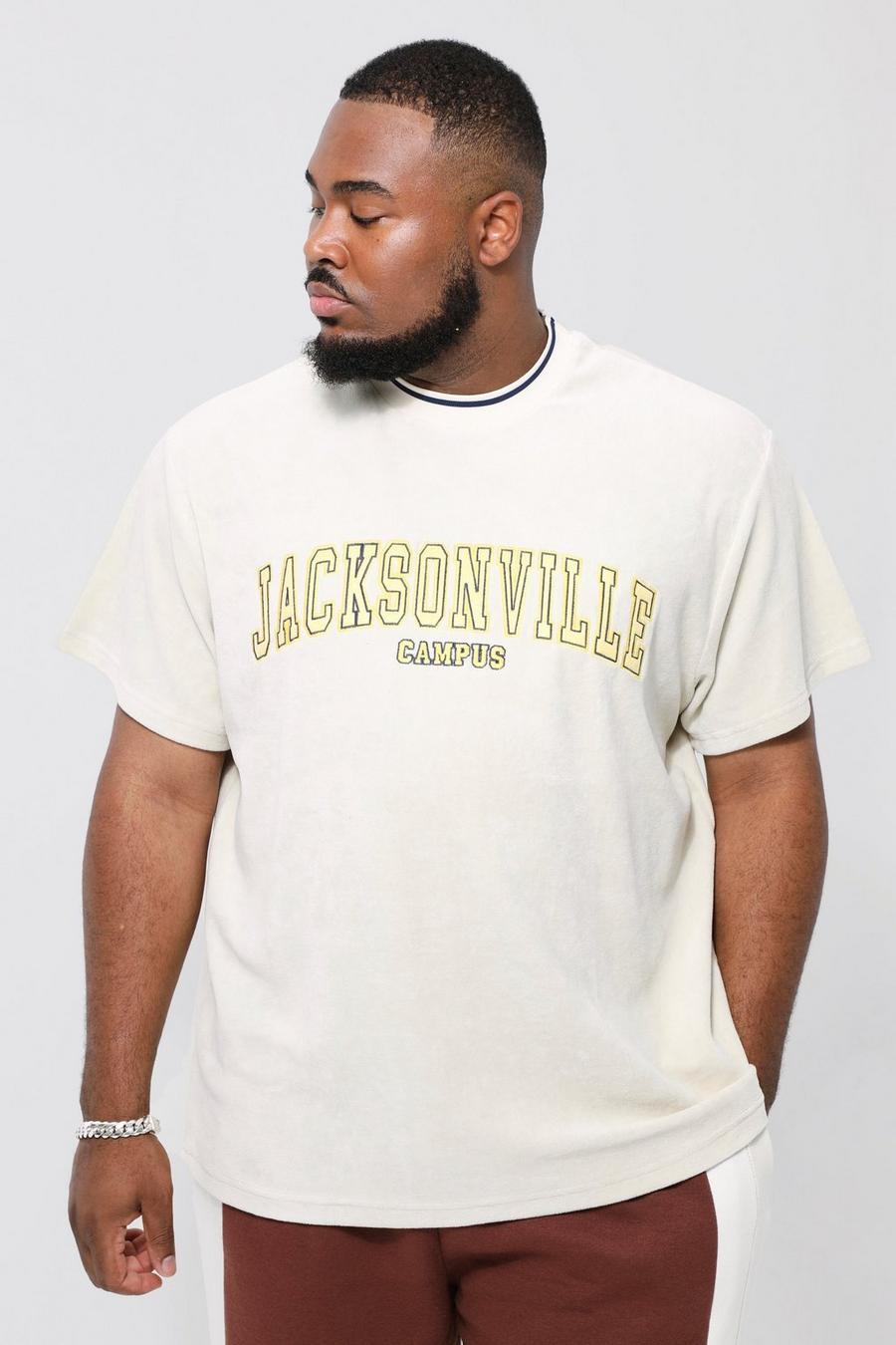 Camiseta Plus oversize de velvetón y canalé con estampado universitario deportivo, Sand image number 1