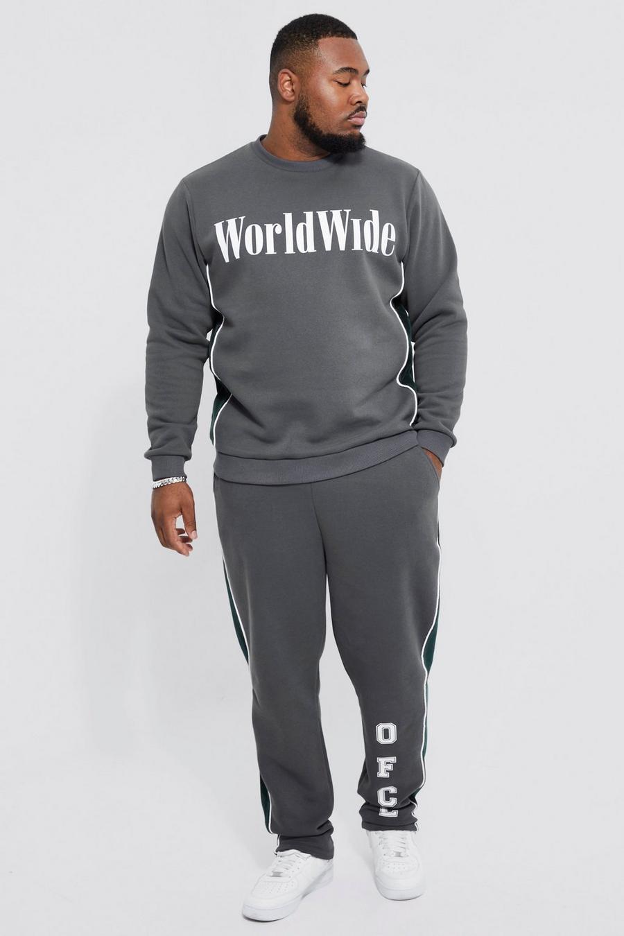 Dark grey Plus Sweater Tracksuit With Velour Panel image number 1