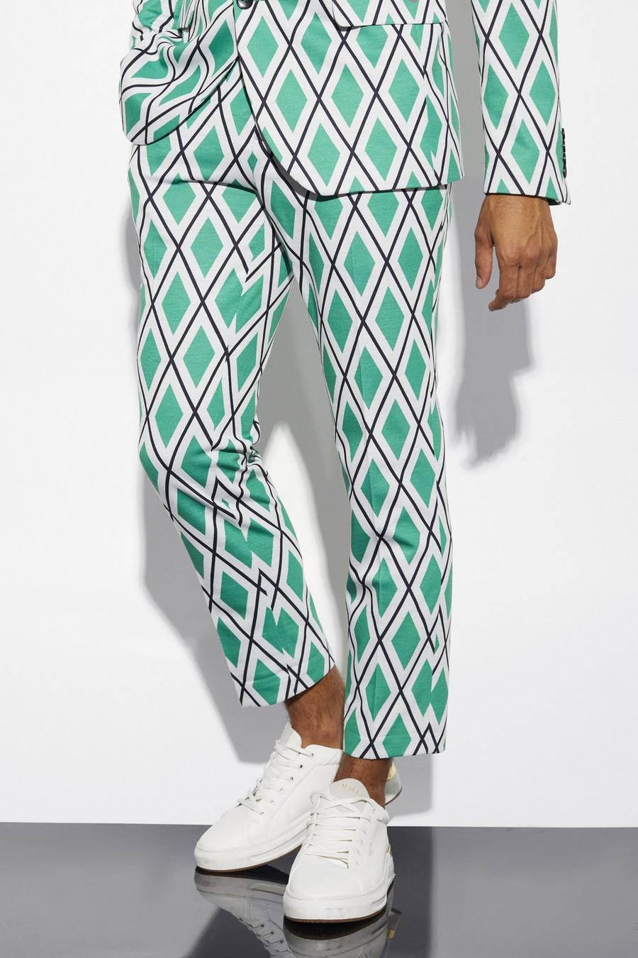 Green Slim Fit Geo Cropped Suit Trousers image number 1