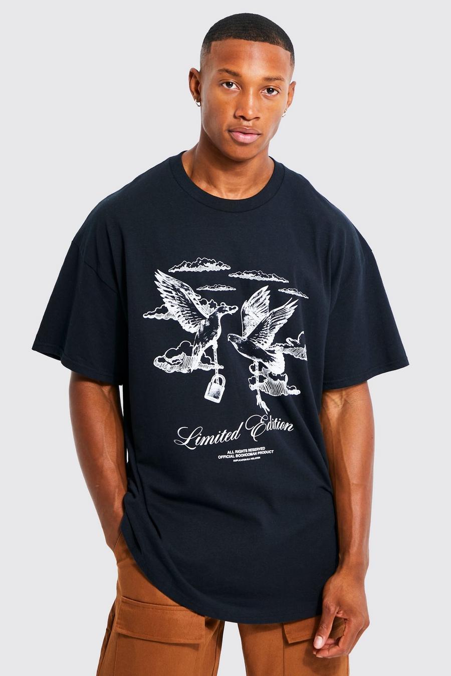 Black Oversized Limited Edition Dove Print T-shirt image number 1