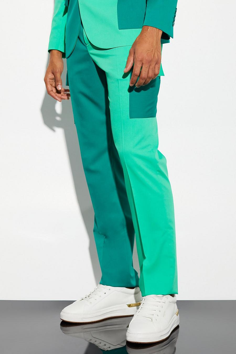 Green Straight Leg Colourblock Suit Trousers image number 1