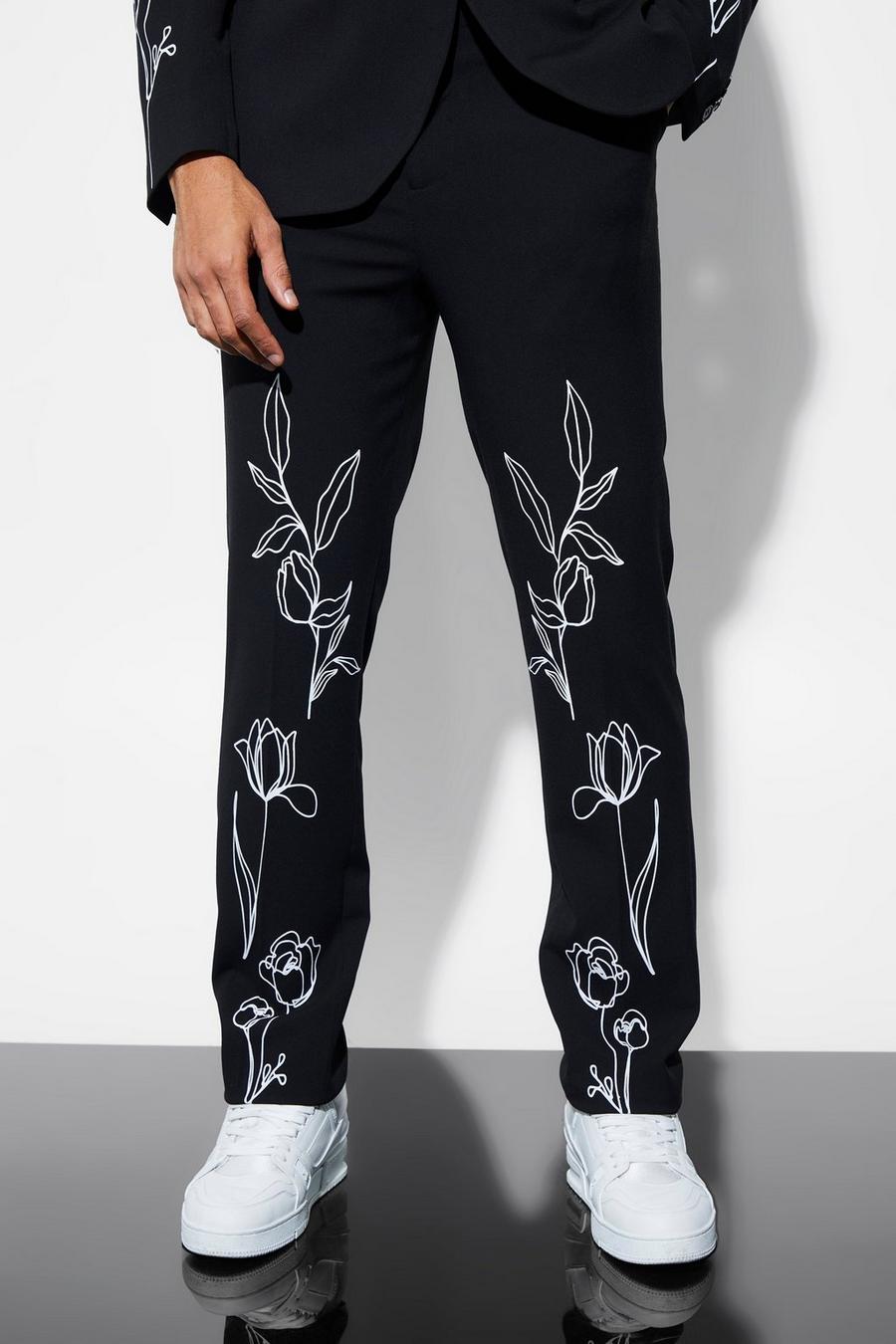 Black Straight Leg Floral Suit Trousers image number 1