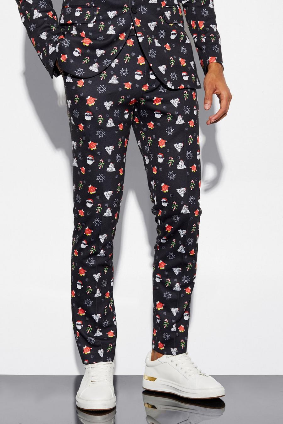 Black Skinny Fit Christmas Print Suit Trousers image number 1