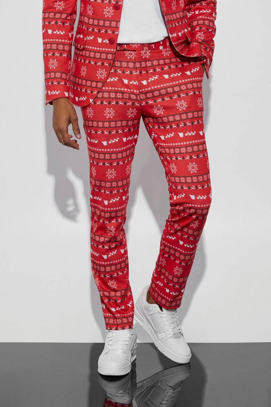 Red Skinny Fit Christmas Print Suit Trousers image number 1