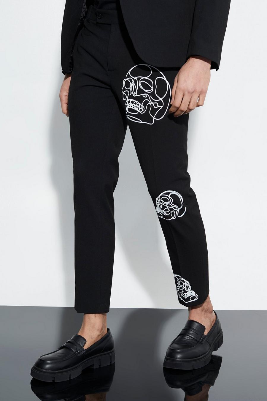 Black Skinny Crop Skull Print Suit Trousers image number 1