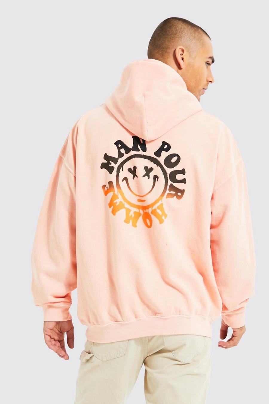 Peach Oversized Washed Man Pour Homme Print Hoodie image number 1